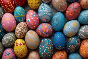 AI generated A vivid array of hand-painted Easter eggs with intricate designs and patterns in a close-up view photo