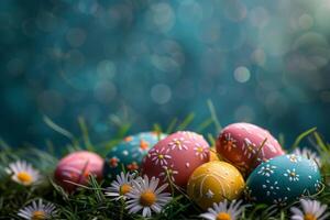 ai generado vistoso Pascua de Resurrección huevos decorado con patrones descansando en vibrante primavera césped en medio de flores silvestres, bañado en luz de sol foto