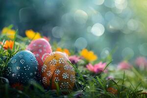 ai generado vistoso Pascua de Resurrección huevos decorado con patrones descansando en vibrante primavera césped en medio de flores silvestres, bañado en luz de sol foto