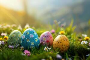 AI generated Colorful Easter eggs decorated with patterns resting on vibrant spring grass amidst wildflowers, bathed in sunlight photo