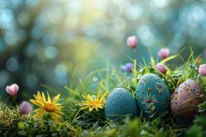 AI generated Colorful Easter eggs decorated with patterns resting on vibrant spring grass amidst wildflowers, bathed in sunlight photo