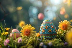 ai generado vistoso Pascua de Resurrección huevos decorado con patrones descansando en vibrante primavera césped en medio de flores silvestres, bañado en luz de sol foto