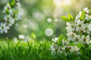 AI generated Lush floral scenes showcasing a variety of blossoms in soft, radiant light with a bokeh background photo