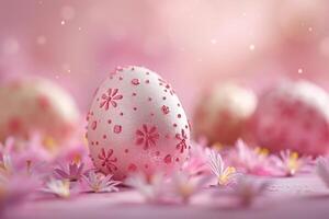 AI generated Decorative Easter eggs with floral patterns on a dark slate background, accented with fresh daisies and greenery photo