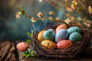 ai generado vistoso Pascua de Resurrección huevos decorado con patrones descansando en vibrante primavera césped en medio de flores silvestres, bañado en luz de sol foto