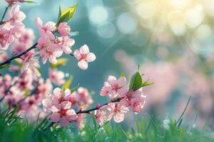 AI generated Lush floral scenes showcasing a variety of blossoms in soft, radiant light with a bokeh background photo