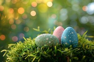 ai generado vistoso Pascua de Resurrección huevos decorado con patrones descansando en vibrante primavera césped en medio de flores silvestres, bañado en luz de sol foto