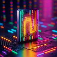 AI generated A neon-lit, futuristic SSD with vivid digital patterns on a motherboard backdrop. photo