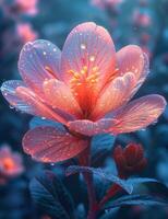 ai generado un luminoso neón flor irradia con vibrante azul y naranja matices, exhibiendo de la naturaleza electrizante belleza. foto