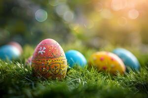 AI generated Colorful Easter eggs decorated with patterns resting on vibrant spring grass amidst wildflowers, bathed in sunlight photo