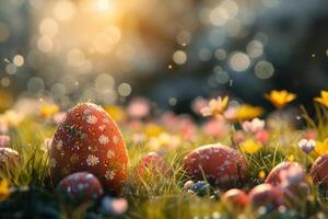 AI generated Colorful Easter eggs decorated with patterns resting on vibrant spring grass amidst wildflowers, bathed in sunlight photo