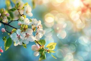 ai generado lozano floral escenas exhibiendo un variedad de flores en suave, radiante ligero con un bokeh antecedentes foto