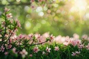AI generated Lush floral scenes showcasing a variety of blossoms in soft, radiant light with a bokeh background photo