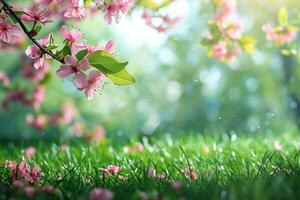 AI generated Lush floral scenes showcasing a variety of blossoms in soft, radiant light with a bokeh background photo