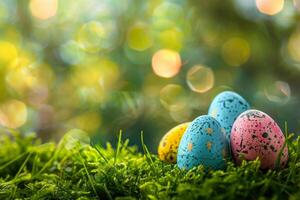 ai generado vistoso Pascua de Resurrección huevos decorado con patrones descansando en vibrante primavera césped en medio de flores silvestres, bañado en luz de sol foto