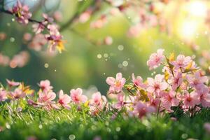 AI generated Lush floral scenes showcasing a variety of blossoms in soft, radiant light with a bokeh background photo