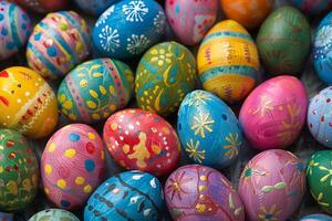 AI generated A vivid array of hand-painted Easter eggs with intricate designs and patterns in a close-up view photo