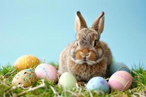 ai generado un amable conejito anidado entre pastel Pascua de Resurrección huevos y floreciente flores debajo un suave, soñador ligero foto