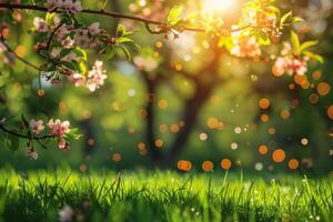 AI generated Lush floral scenes showcasing a variety of blossoms in soft, radiant light with a bokeh background photo