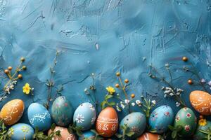 ai generado decorativo Pascua de Resurrección huevos con floral patrones en un oscuro pizarra fondo, acentuado con Fresco margaritas y verdor foto