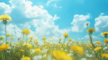 ai generado campo de diente de león y azul cielo. verano primavera Perfecto natural paisaje. naturaleza antecedentes. foto