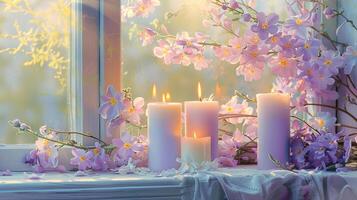 AI generated Candles and flowers on window in pastel colors. Cozy seasonal decorations on window sill. Relax, hygge, spring, harmony, meditation, life balance concept. photo