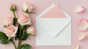 AI generated White envelope  and roses on pink pastel background. Wedding, birthday, anniversary or other holiday flatlay boho style mockup. photo