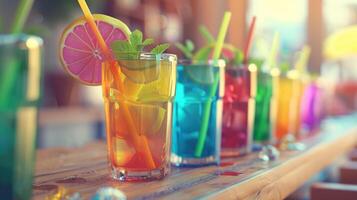 AI generated Many colorful drinks with straws, citrus slices and mint leaves on wooden table in bar. photo