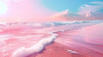 AI generated Colorful beach by the sea in pastel colors. Background with copy space. photo