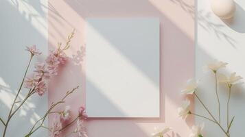 AI generated White Invitation Card  For Easter. White blank paper, eggs and floral twigs. Boho Style Mockup On pink pastel Background. photo