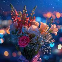 AI generated Flowers on night city background. Beautiful roses bouquet. Bokeh effect. Nature background. photo