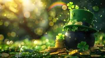 AI generated St. Patrick's Day background with  black pot and rainbow, green hat, gold coins and clover leaves. Blured bokeh light effect. Copy space. photo