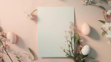 AI generated White Invitation Card  For Easter. White blank paper, eggs and floral twigs. Boho Style Mockup On pink pastel Background. photo