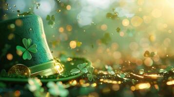 AI generated St. Patrick's Day background with green hat, gold coins and clover leaves. Blured bokeh light effect. Copy space. photo