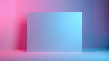 AI generated Rectangular blank paper board in neon pink and blue colors. Card for advertising mockup. Copy space for text. Vibrant, minimalistic editorial aesthetic. photo