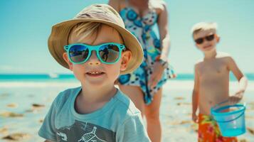 ai generado 3 año antiguo niño en el playa vistiendo Gafas de sol y verano sombrero foto