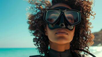 AI generated woman with curly hair with eyes closed in a bulky black rubber drysuit and wearing a sleek black scuba diving mask photo