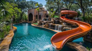 AI generated beautiful pools with colorful water slides waterpark photo