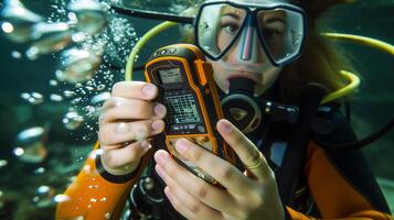 AI generated scuba diver holding dining regulator on water surface photo