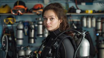 AI generated young woman in scuba diving drysuit there's shelves and hangers with scuba gear in the background photo