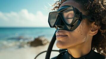 AI generated woman with curly hair with eyes closed in a bulky black rubber drysuit and wearing a sleek black scuba diving mask photo