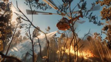 ai generado bombero helicóptero extingue bosque fuego foto