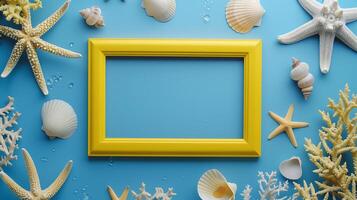 AI generated yellow empty frame with space for text, against blue background background surrounded by sea stars photo