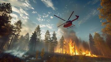 ai generado bombero helicóptero extingue bosque fuego foto
