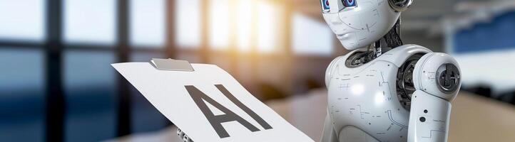 AI generated AI robot working at a desk in an office with documents photo