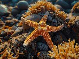 ai generado un naranja estrella de mar terminado un coral cama foto