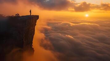 AI generated A Lone Rambler Halts on a Cliff Dawns Ethereal Embrace of a Mountain Piercing the Ocean of Clouds photo