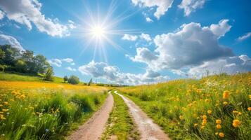 AI generated Sun Shines Progressively Through Azure Sky on Charming Country Lane Amidst Marigold Fields photo