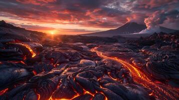 AI generated Molten Gold Flowing Amidst Dark Iron Ore Rocks under a Crimson Sky A Dramatic Volcanic Landscape photo