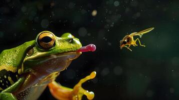 AI generated Green Tree Frog Poised in Mid-Air A Dynamic Moment Captured in Nature Photography photo